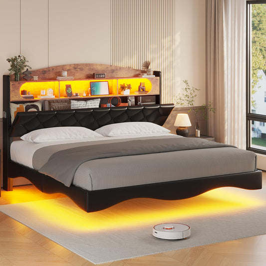 ADORNEVE Floating Bed Frame King Size with Charging Station & Hidden Storage Headboard, Upholstered Platform Bed with RGB LED Lights, King Floating Platform Bed, Solid Wood Slats, Noise-Free, PU Black