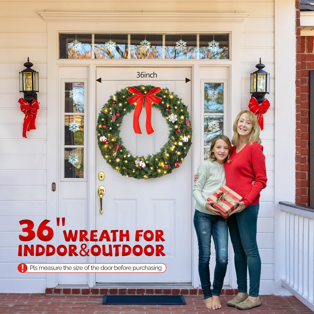 VINGLI 36 Inch Christmas Door Wreath Decorations with 100 Lights and 300 PVC Branches, Pre-lit Artificial Christmas Wreath for Front Door, Xmas Wreath w/Bow, Pine Cones, Ornaments (Plug-in) VINGLI