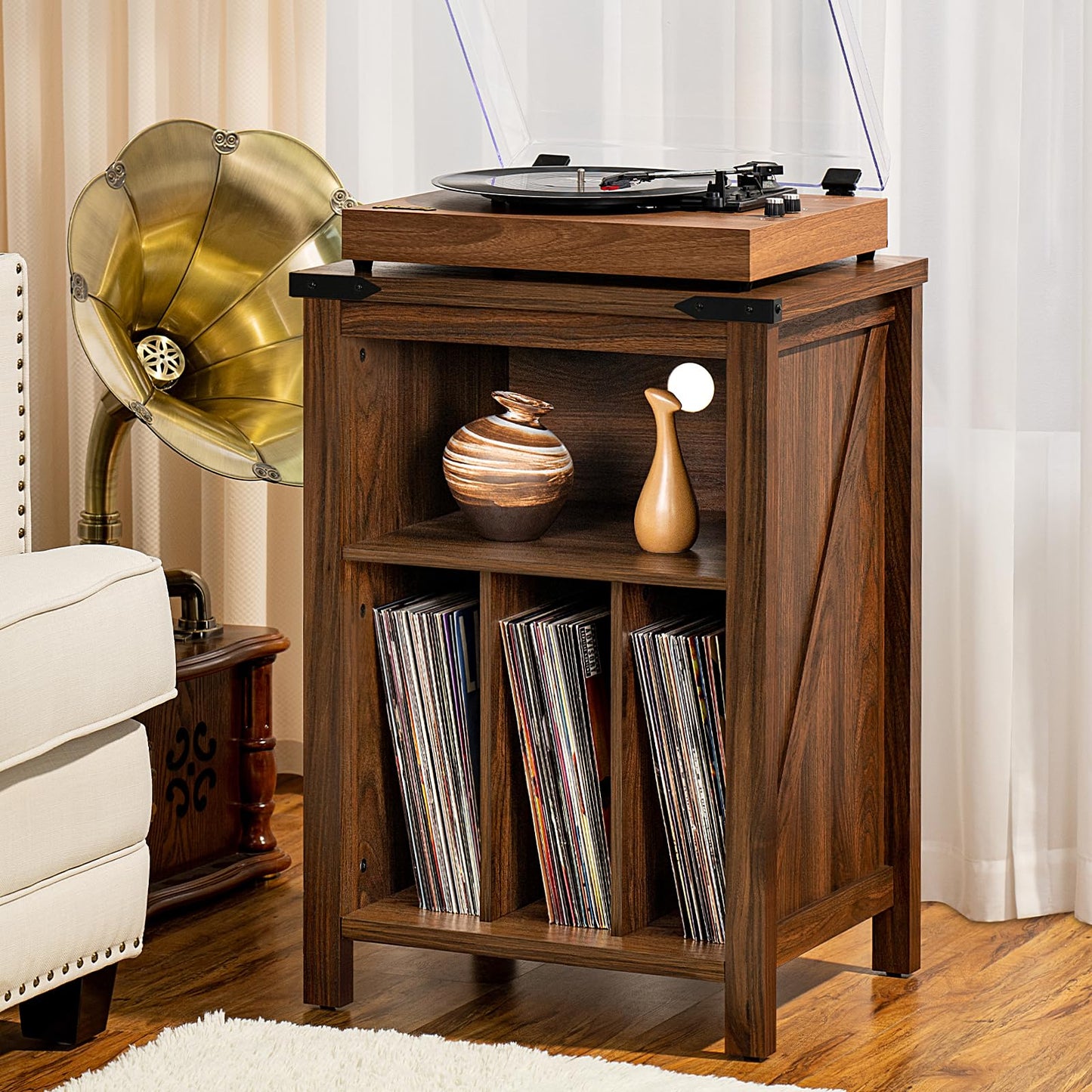 Joaxswe Record Player Stand with Vinyl Record Storage,Rustic Brown Record Player Table Holds up to 160 Albums,Large Wood Turntable Stand Cabinet Dispaly Shelf for Living Room,Bedroom,Office - WoodArtSupply