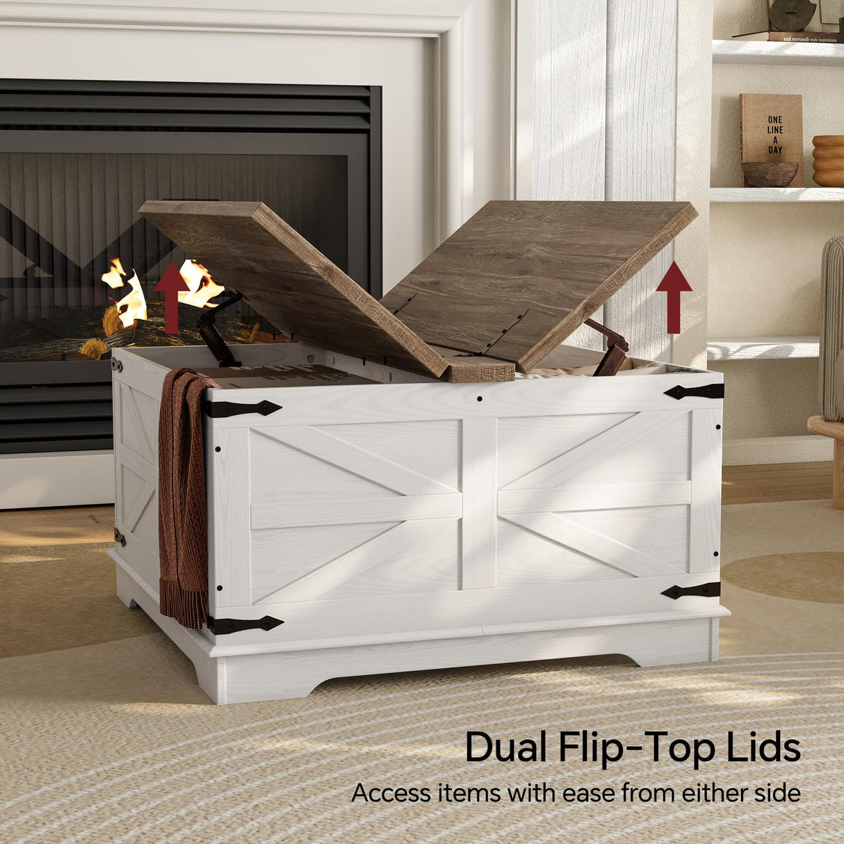 Farmhouse Coffee Table, Heavy-Duty Coffee Table with Storage, Square Wood Center Table Set for Living Room with Pull Up Large Hidden Storage Compartment, Maple White senlin