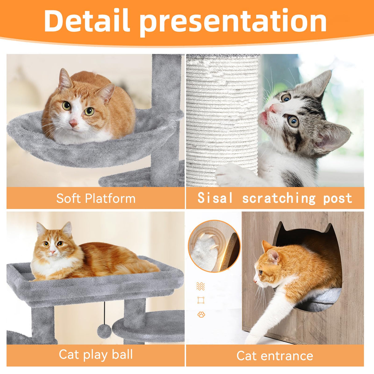 HavenlyYouth Litter Box Enclosure with Cat Tree,Cat Tree with Litter Box Enclosure,Hidden Pet Washroom Furniture with Sisal Scratching Post,Hammocks,Condo,Multiple Platform,Soft Plush Perch, Grey HavenlyYouth