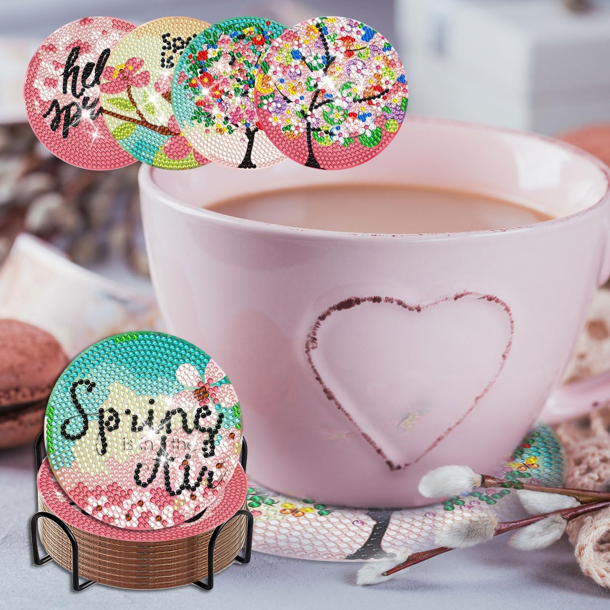 Denylo pro 8 Pcs Spring Tree Diamond Art Coasters Kits with Holder DIY Spring Tree Diamond Art Coaster for Gifts Beginner Adults Kids Art Table Home Craft Gift Supplies Denylo pro