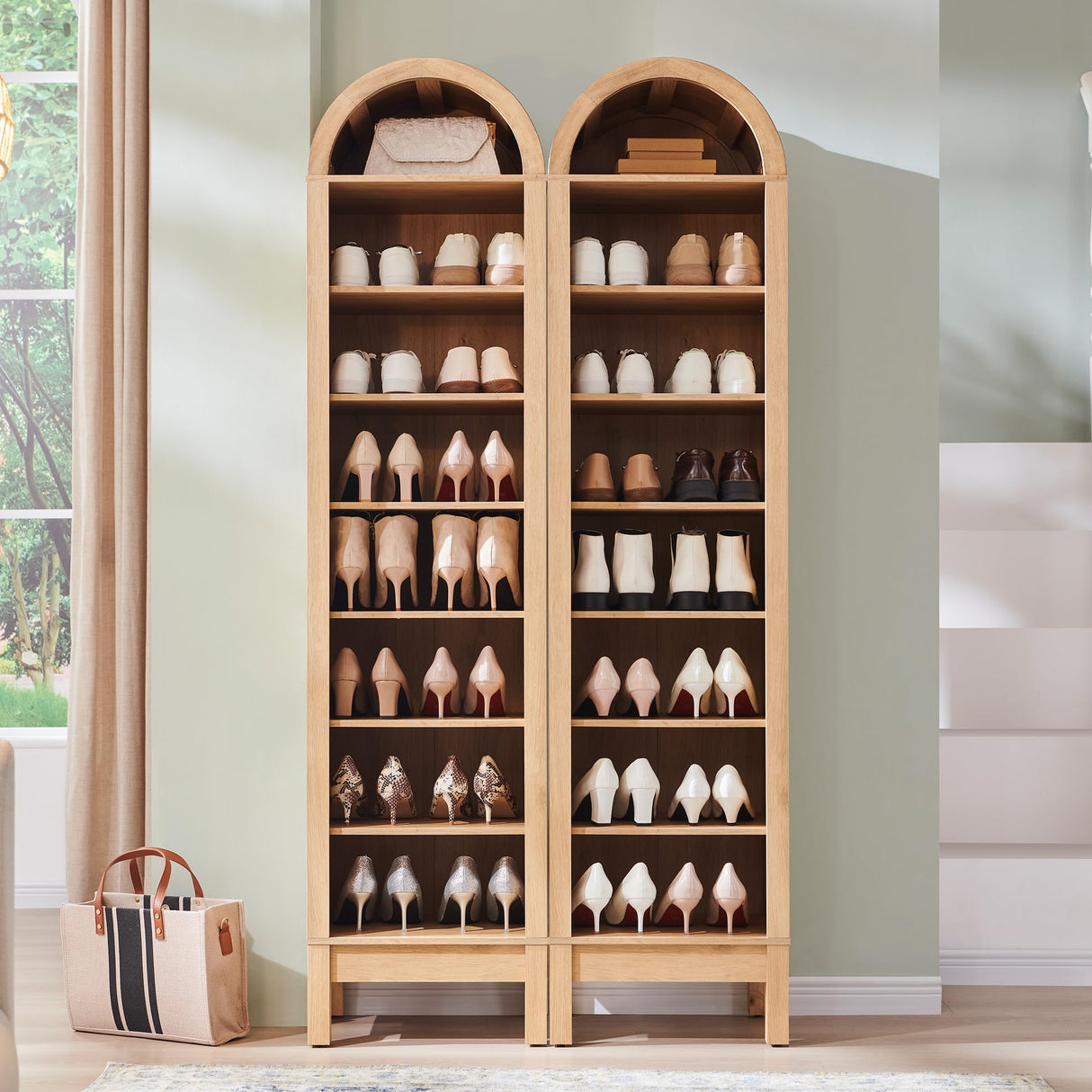 71" Tall Arched Bookshelf Set of 2, 8 Tiers Arch Bookcase with Storage, Modern Farmhouse Book Shelf with Adjustable Shelves, Wood Bookshelf w/Open Display Shelves for Living Room, Office-Natural IFGET