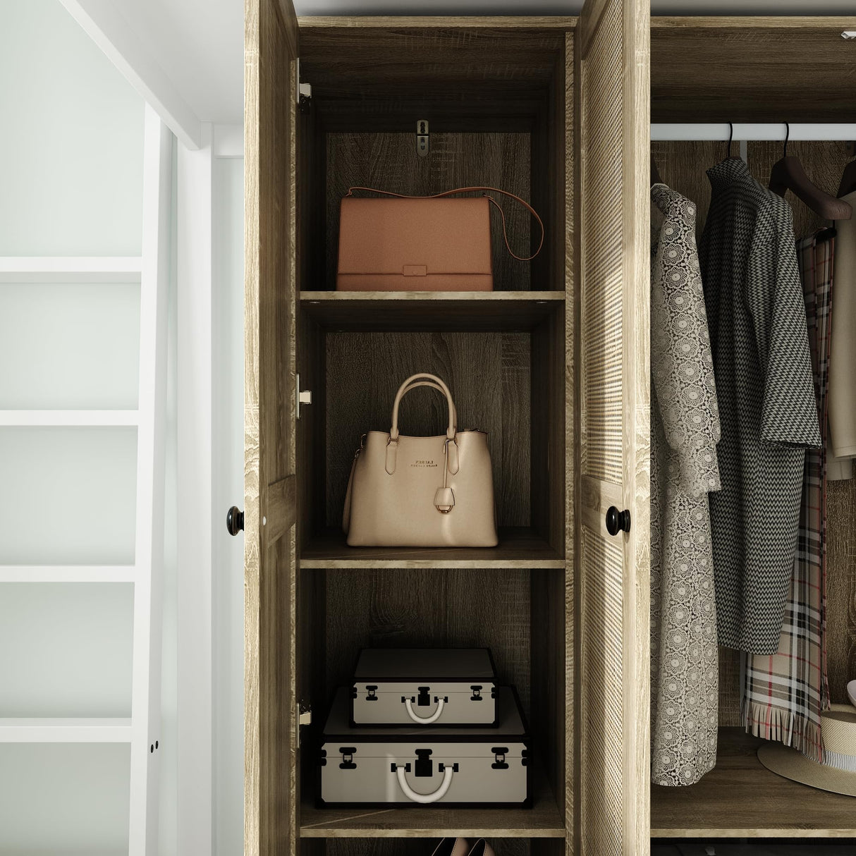 Homsee 3-Door Rttan Wardrobe Armoire Closet, Bedroom Cabinet Armoire with 3 Rattan Doors, 3 Drawers, Hanging Bar & 6 Shelves, Light Brown Homsee