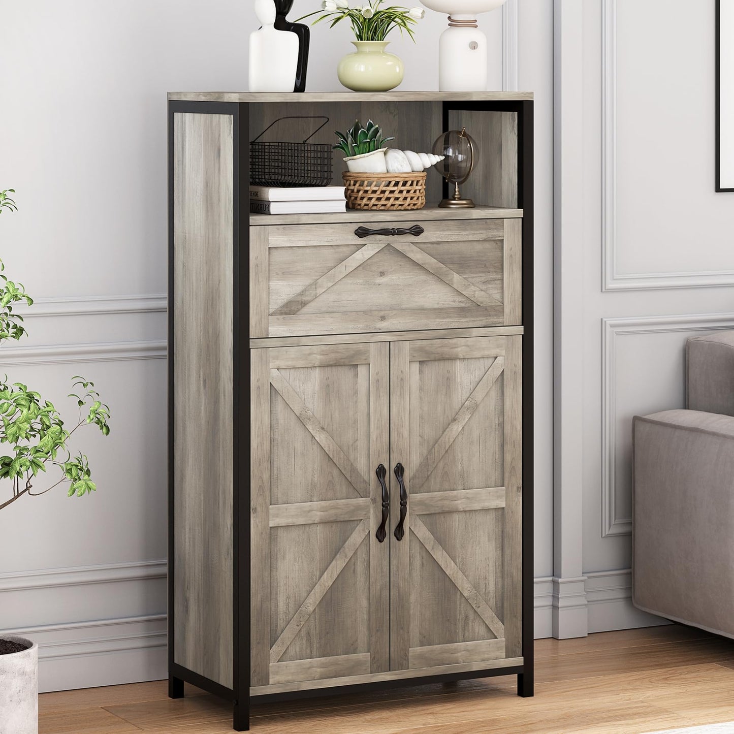 IDEALHOUSE Farmhouse Storage Cabinet, Floor Cabinet with Barn Doors and Drawer, Wood Kitchen Cabinet with Metal Frame, Freestanding Cupboard, for Bathroom, Living Room, Entryway, Grey - WoodArtSupply