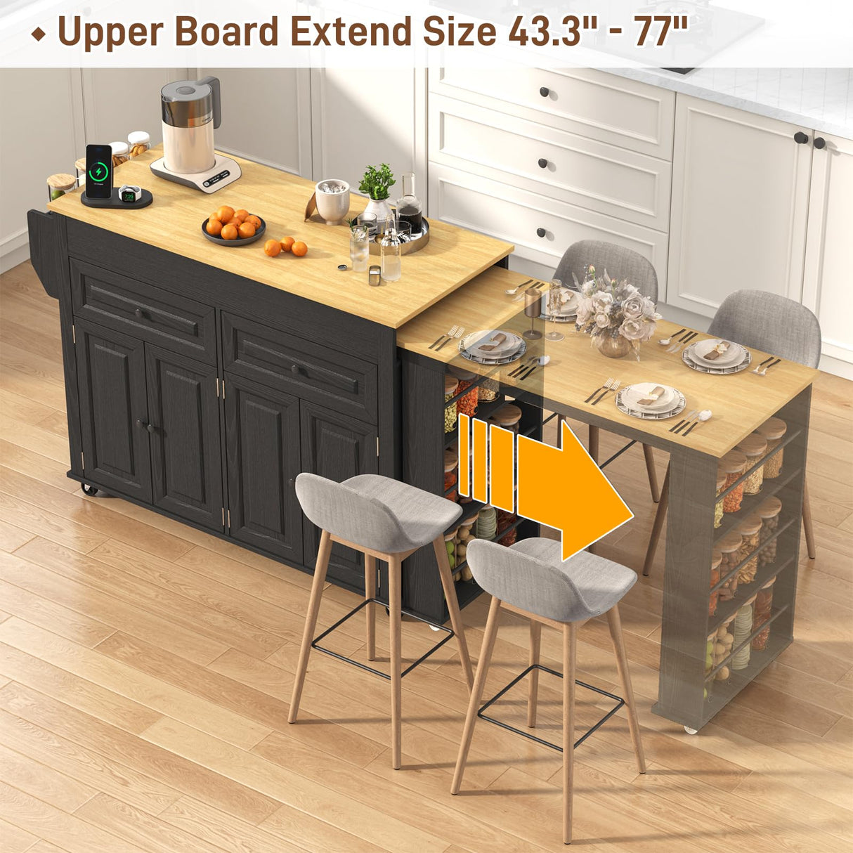 80"-48" Extendable Kitchen Island with Extended Dining Table and Power Outlet,Large Mobile Kitchen Storage Islands with 2 Storage Drawers,Rolling Islands Cart with 3 Extra Rows Open Shelves(Black) chartustriable