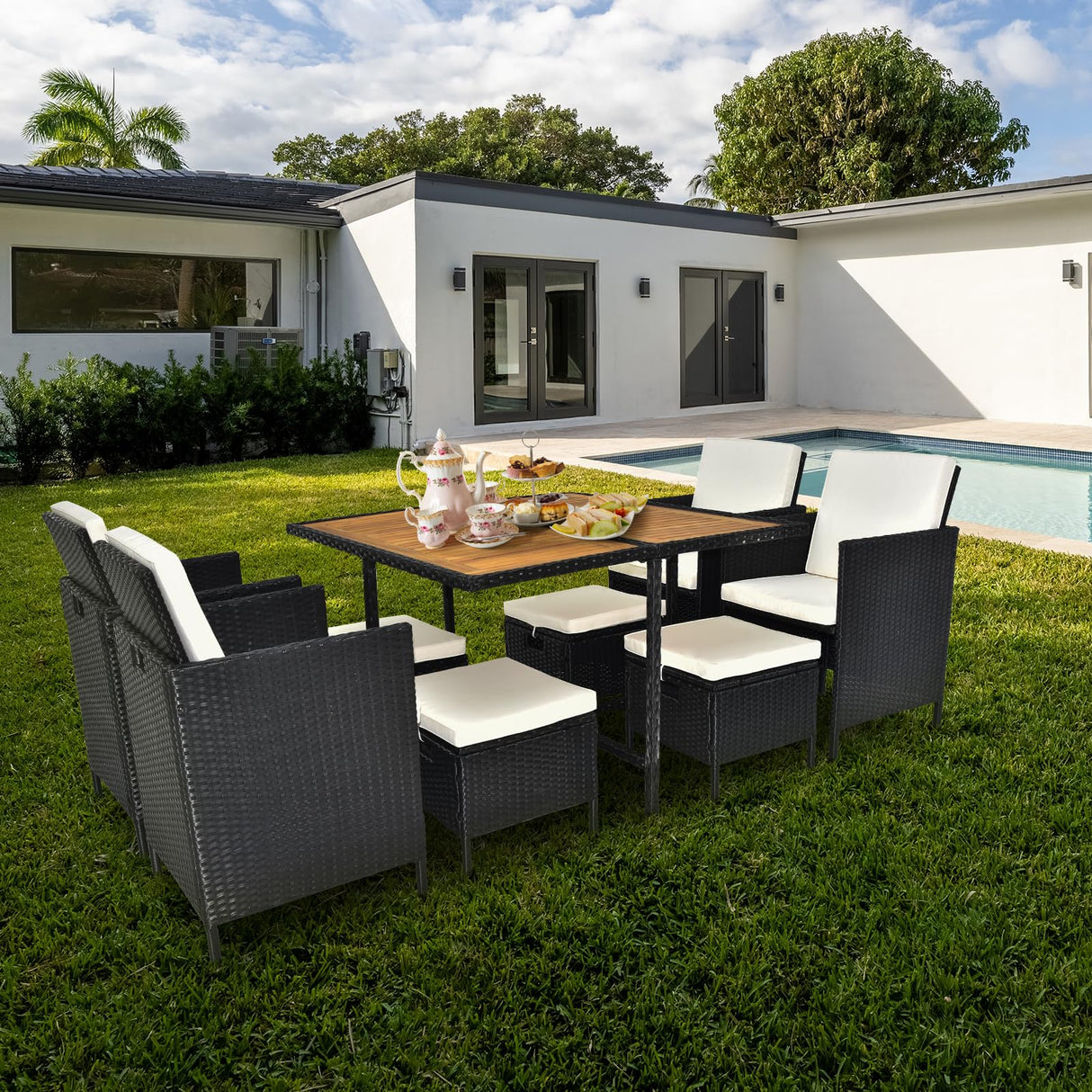 MATONELL 9 Piece Acacia Wood Patio Dining Set, Space Saving Wicker Chairs with Soft Cushions and Wood Table, Outdoor Furniture Set for Garden Yard Poolside, Black MATONELL