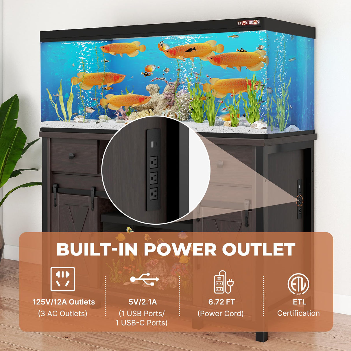 Miereirl 55-75 Gallon Fish Tank Stand with Power Outlet – Heavy Duty Aquarium Stand, Rustic Farmhouse Style, 800 lb Capacity, Adjustable Storage & Sliding Barn Doors, Dark Brown Miereirl