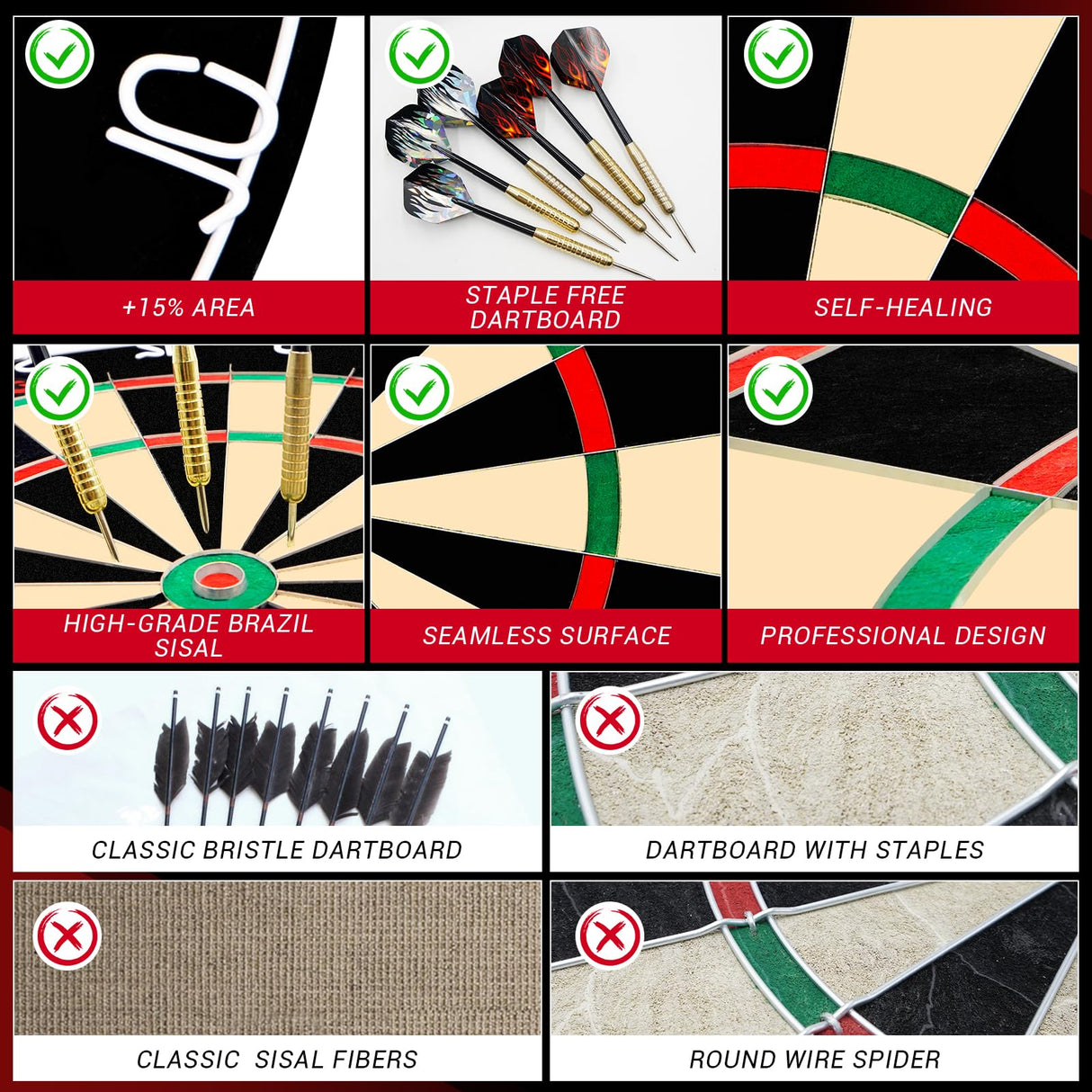 Professional Dart Boards, Competition Bristle Dartboard and Darts for Adults, Steel Tip Dart Board Set in Game Room/Bar/Office, Regulation Size High Grade Sisal Dartboards with 6 Metal Tip Darts Wakefa
