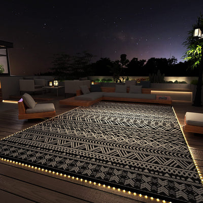 MontVoo-Outdoor Rug Carpet 8x10 ft for Patio RV Camping with Led Strip Lights Waterproof Plastic Straw Rug Reversible Portable Outside Indoor Outdoor Rug Mat for Patio Decor Balcony Picnic-Boho Rug