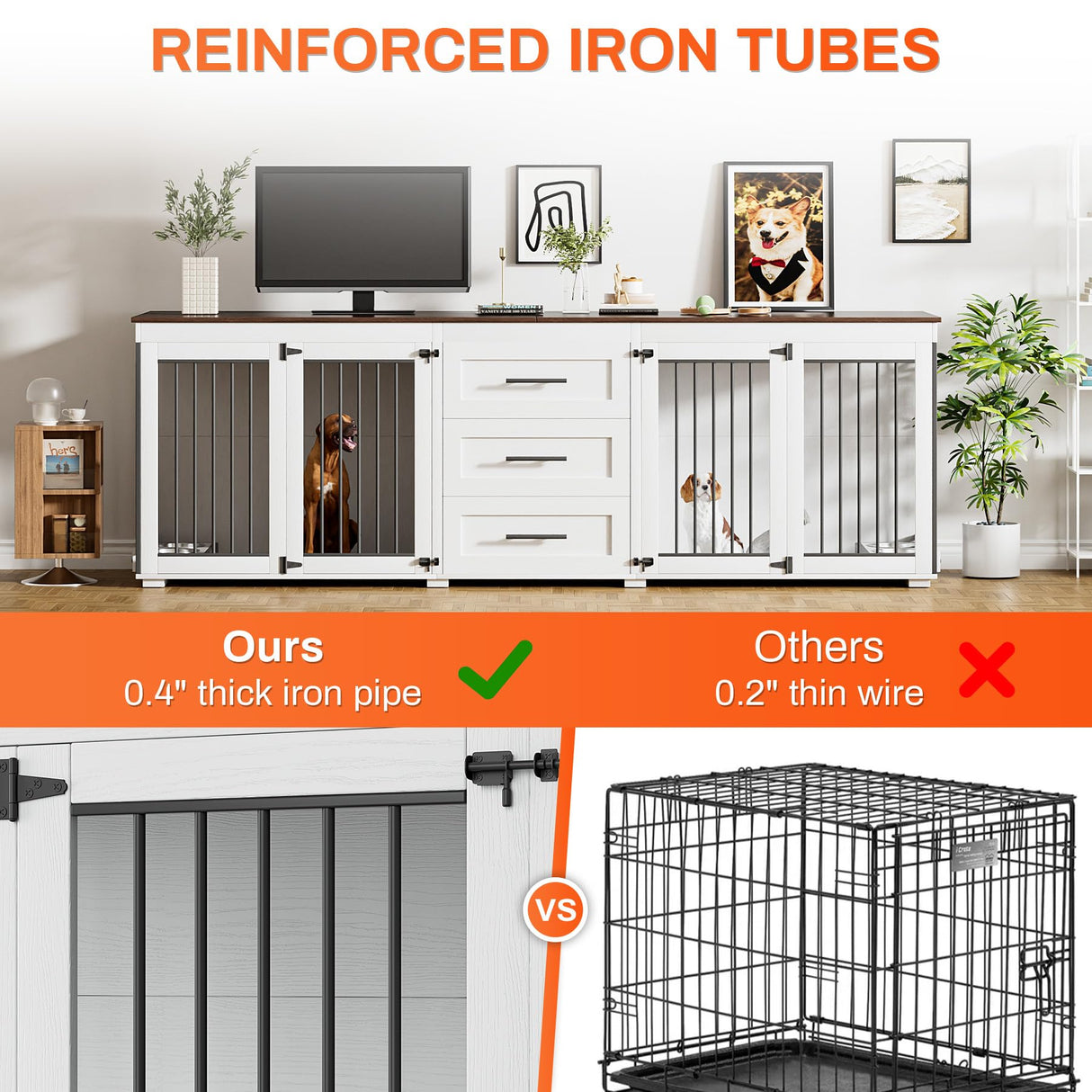 Rophefx 94.5" Dog Crate Furniture for 2 Dogs, Large Dog Kennel Furniture with 3 Storage Drawer, Wooden Dog Cage with 4 Bowls, Indoor Dog House TV Stand with Locks for Large Medium Dog, White Rophefx