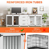 Rophefx 94.5" Dog Crate Furniture for 2 Dogs, Large Dog Kennel Furniture with 3 Storage Drawer, Wooden Dog Cage with 4 Bowls, Indoor Dog House TV Stand with Locks for Large Medium Dog, White Rophefx