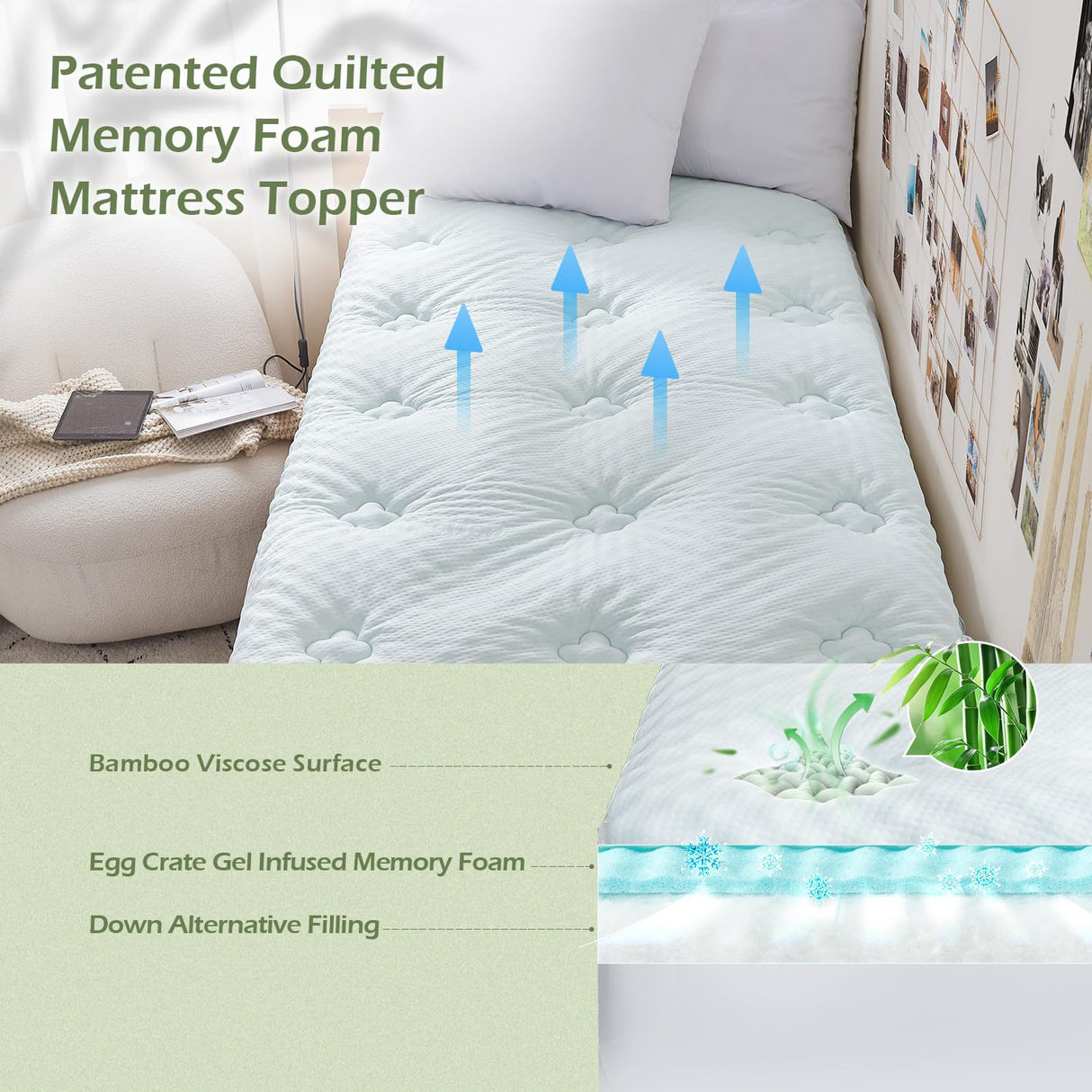 Hansleep Twin Mattress Topper Viscose Derived from Bamboo, Memory Foam Pillow Top Mattress Topper Twin with Deep Pocket, Breathable Mattress Pad for Back Pain Relief, 39" x 75", White Hansleep