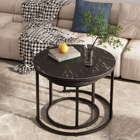 aboxoo Round Nesting Coffee Table Side Set of 2 End Tables for Living Room Bedroom Balcony,Black Faux Marble Wooden Table 23.6IN Accent Large Coffee Table with Steel Frame aboxoo