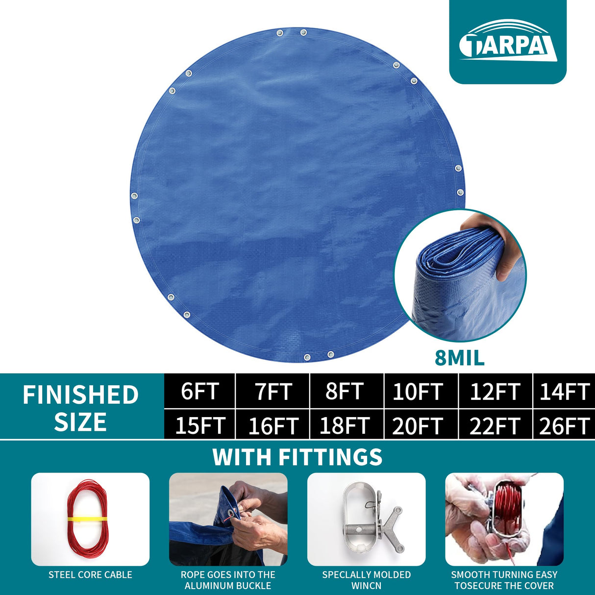 TARPAL 20ft Round tarp Waterproof 8mil Poly Tarps Pool Cover Multifunctional Tarpaulin Pool Covers for Above Ground Pools Dust and UV Resistance .（Blue/Black） TARPAL