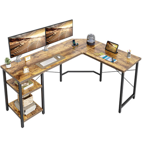 CubiCubi L Shaped Desk, 59.1 Inch Reversible Corner Desk with Storage Shelves, Home Office Desk for Writing Gaming Study, Rustic Brown CubiCubi