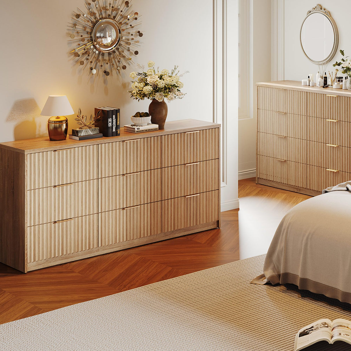 IDEALHOUSE 9 Drawer Dresser for Bedroom, Large Fluted Chest of Drawers, Wood Dressers Storage Organizer, Storage Cabinet for Bedroom Living Room Home Office IDEALHOUSE