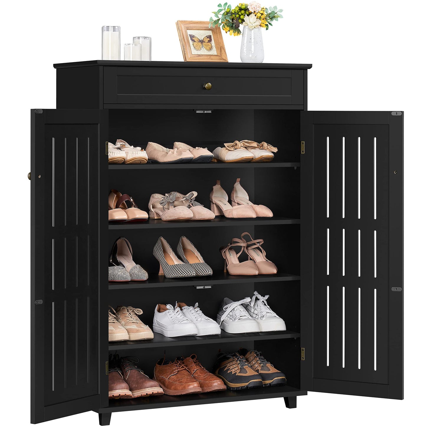 Yaheetech Shoe Cabinet, 5-Tier Shoe Rack Organizer with 1 Drawer, Freestanding Wooden Shoe Storage Cabinet with 2 Louvered Door & Adjustable Shelves for Entryway Hallway, Black - WoodArtSupply