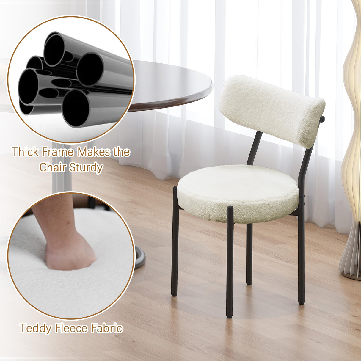 Orweiin Boucle Dining Chairs Set of 4, Upholstered Dining Chairs with Curved Backrest, Round Modern Dining Chair with Black Metal Legs for Dining Room, Vanity, White Orweiin