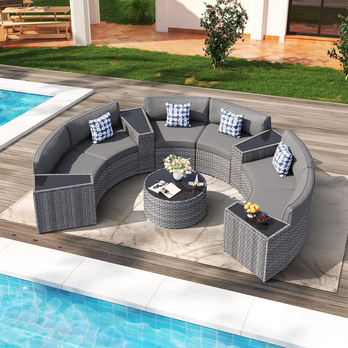 Patio Furniture Set,11 Pieces Half-Moon Curved Outdoor Patio Sectional Sofa with Coffee Table and Side Table Waterproof Cover, Wicker Rattan Patio Coversation Set for Porch,Deck,Backyard(Grey) K Knowbody