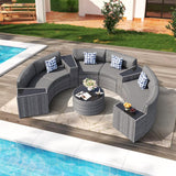 Patio Furniture Set,11 Pieces Half-Moon Curved Outdoor Patio Sectional Sofa with Coffee Table and Side Table Waterproof Cover, Wicker Rattan Patio Coversation Set for Porch,Deck,Backyard(Grey) K Knowbody