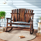 Giantex Outdoor Wooden Rocking Bench, 2-Person Adirondack Porch Rocker Chair with High Back and Slatted Seat, Rustic Log Loveseat for Front Porch Patio, Backyard, Garden, Brown, 51”x38”x46” Giantex
