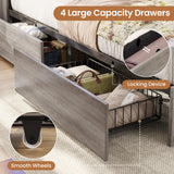 VIAGDO Farmhouse Bed Frame Queen Size with Bookcase Storage Headboard, Charging Station and LED Lights, Wooden Queen Bed Frame with 4 Drawers, Barn Door Design, No Box Spring Needed, No Noise, Grey VIAGDO