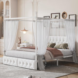 SOFTSEA Metal Canopy Bed Frame Queen Size Upholstered Canopy Bed Frame with 2 Drawer, Four-Poster Metal Platform Bed with Upholstered Headboard, White SOFTSEA