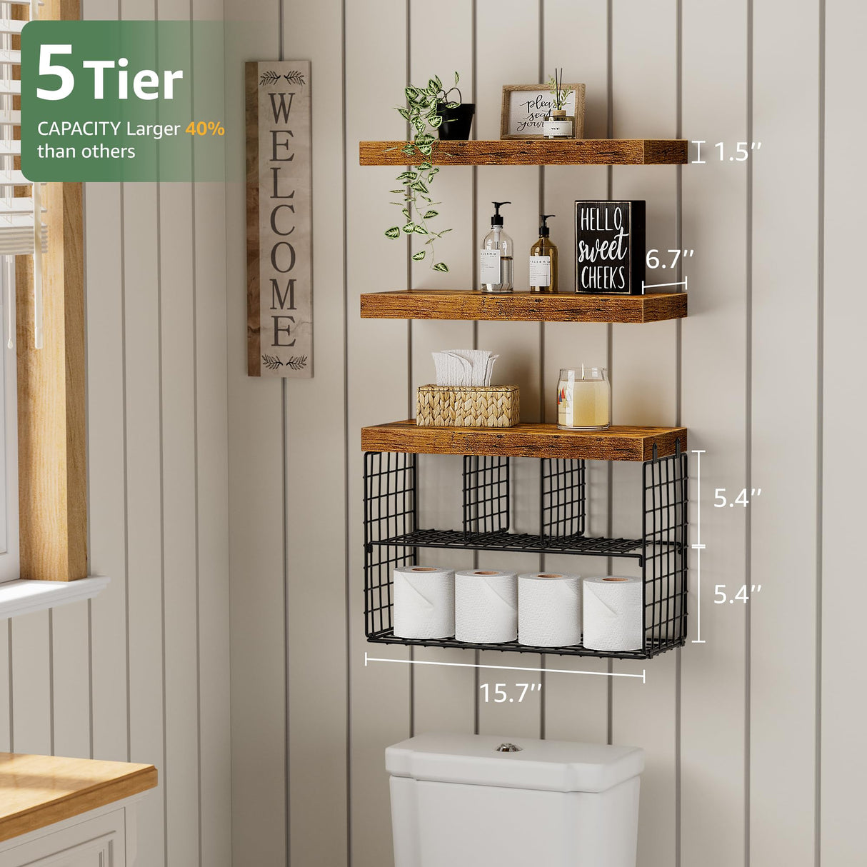 KLUVIS Bathroom Floating Shelves for Wall - Shelf Over Toilet Storage Small Farmhouse Decor Shelves (15.7 inch, Set of 3, Rustic Brown) KLUVIS