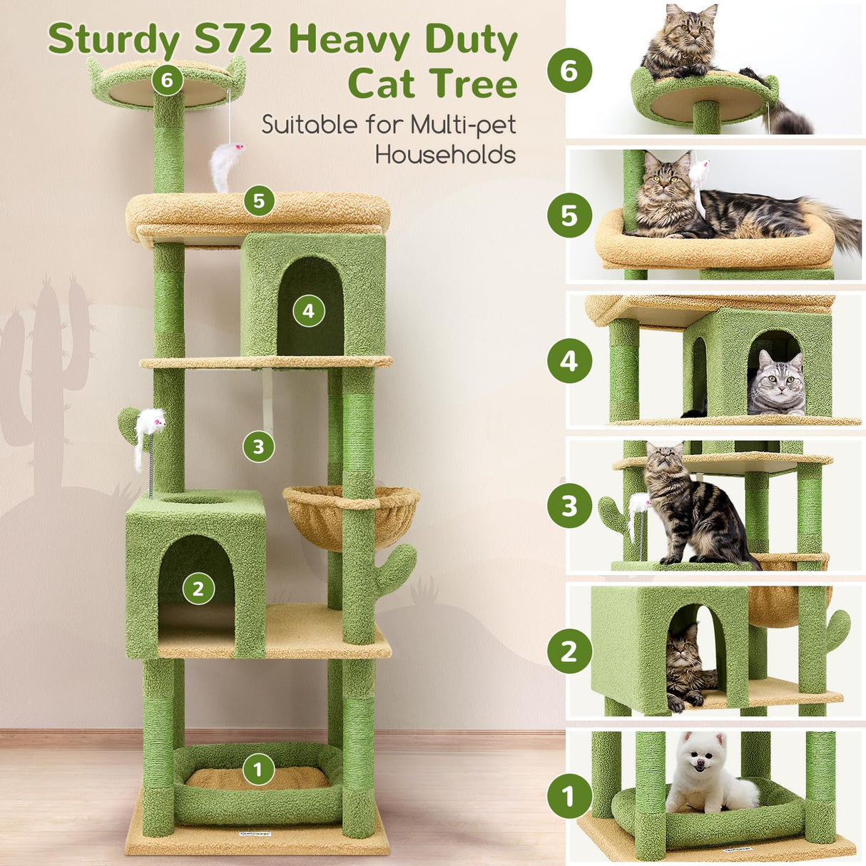 Globlazer S72 Heavy Duty Cactus Cat Tree for Large Cats, Sturdy 72in Maine Coon Cat Tree for Large Cats 20 lbs+ Cactus Cat Tower for Adult Biggest Cats with 6 Scratching Posts, Hammock Globlazer