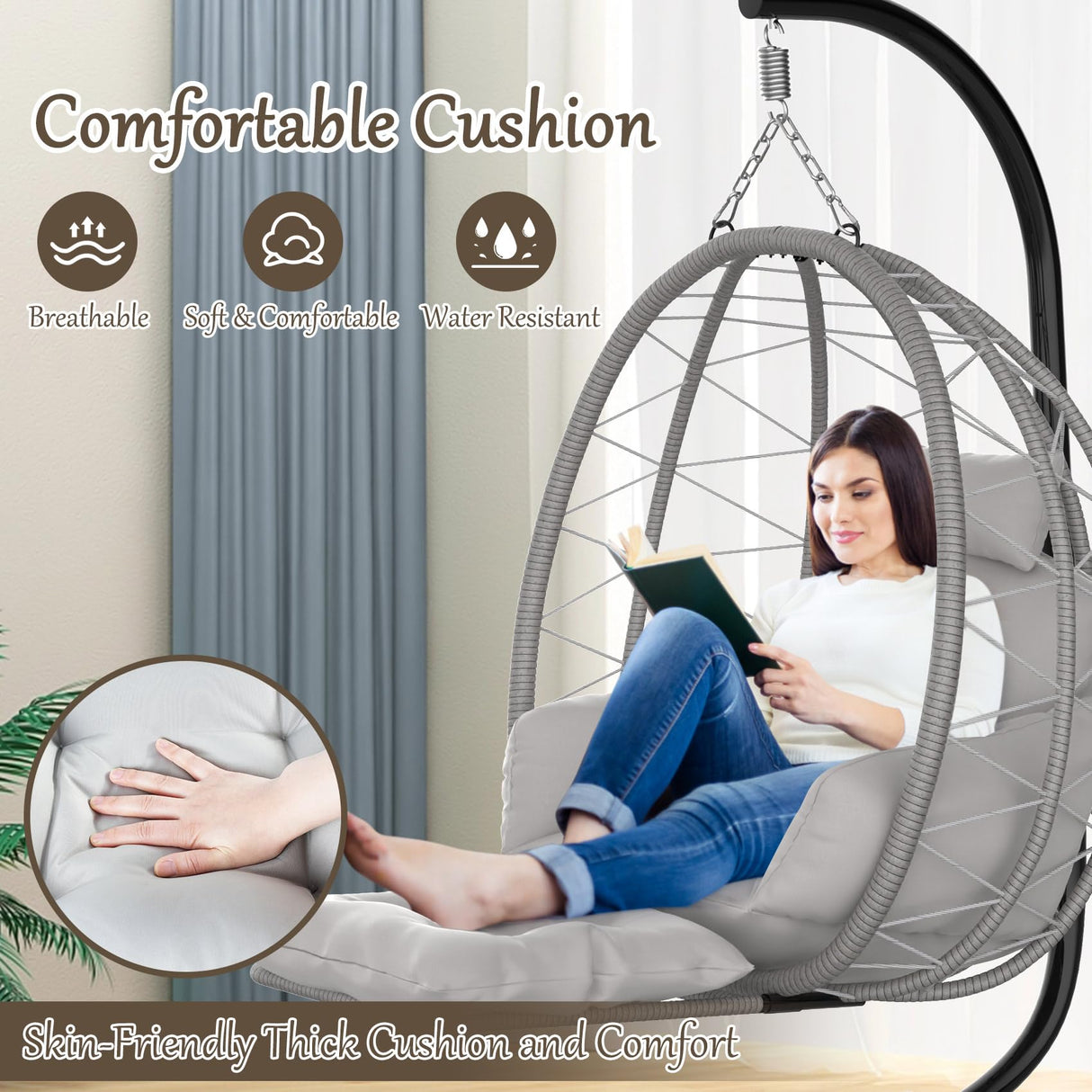 ZENPETIO Hanging Egg Chair with Stand, Removable Leg Rest, UV Resistant Cushion & Pillow, 370lbs Capacity – Indoor & Outdoor Use, Rattan Wicker Swing Egg Chair for Patio, Bedroom, Balcony, Gray ZENPETIO