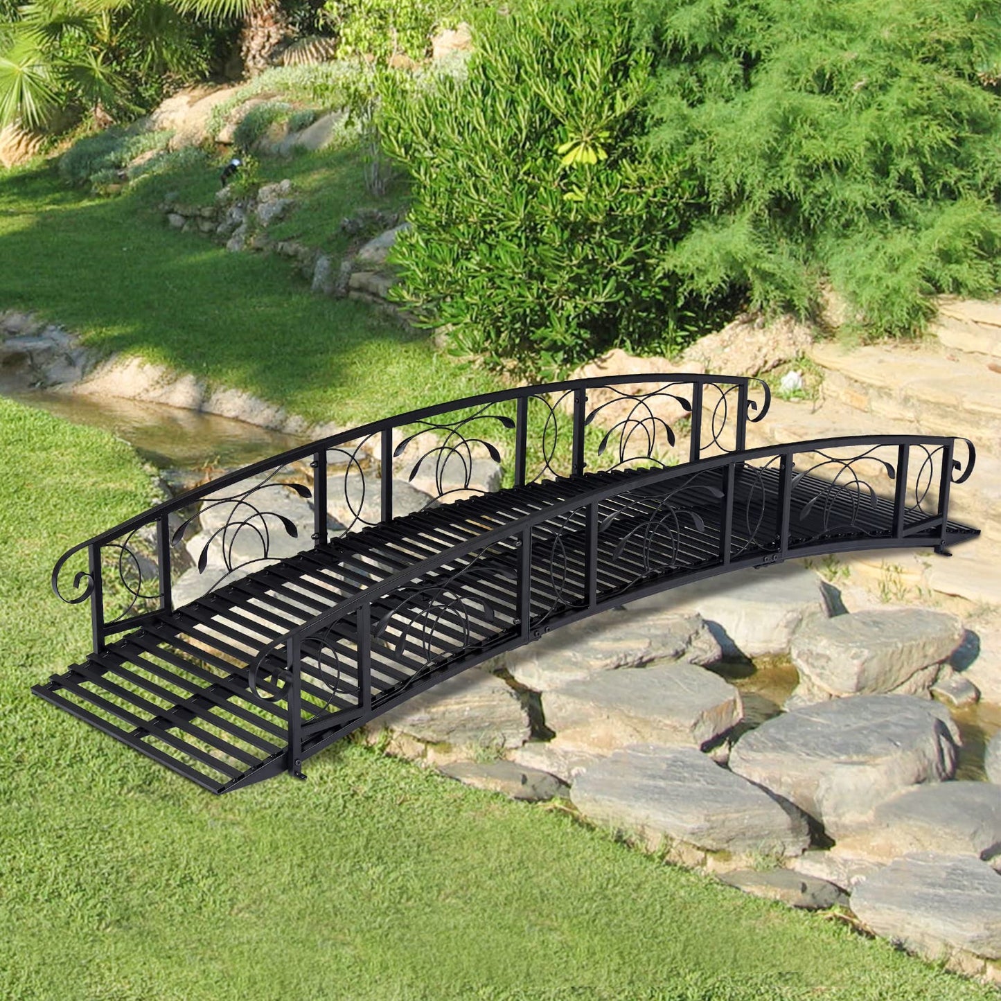 Kinsunny 8 Ft Metal Garden Bridge with 2 Safety Patterned Siderails Outdoor Decorative Iron Garden Arch Footbridge for Pond, Creek, Stream - WoodArtSupply