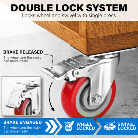Castrek 4 Inch Caster Wheels Heavy Duty Casters Set of 4 (2200lbs Load Capacity) Lockable Cart Wheels with Brakes, 360 Degree Rotatable - Ideal Caster for Cart, Furniture and Workbench (4 x Brakes) Castrek