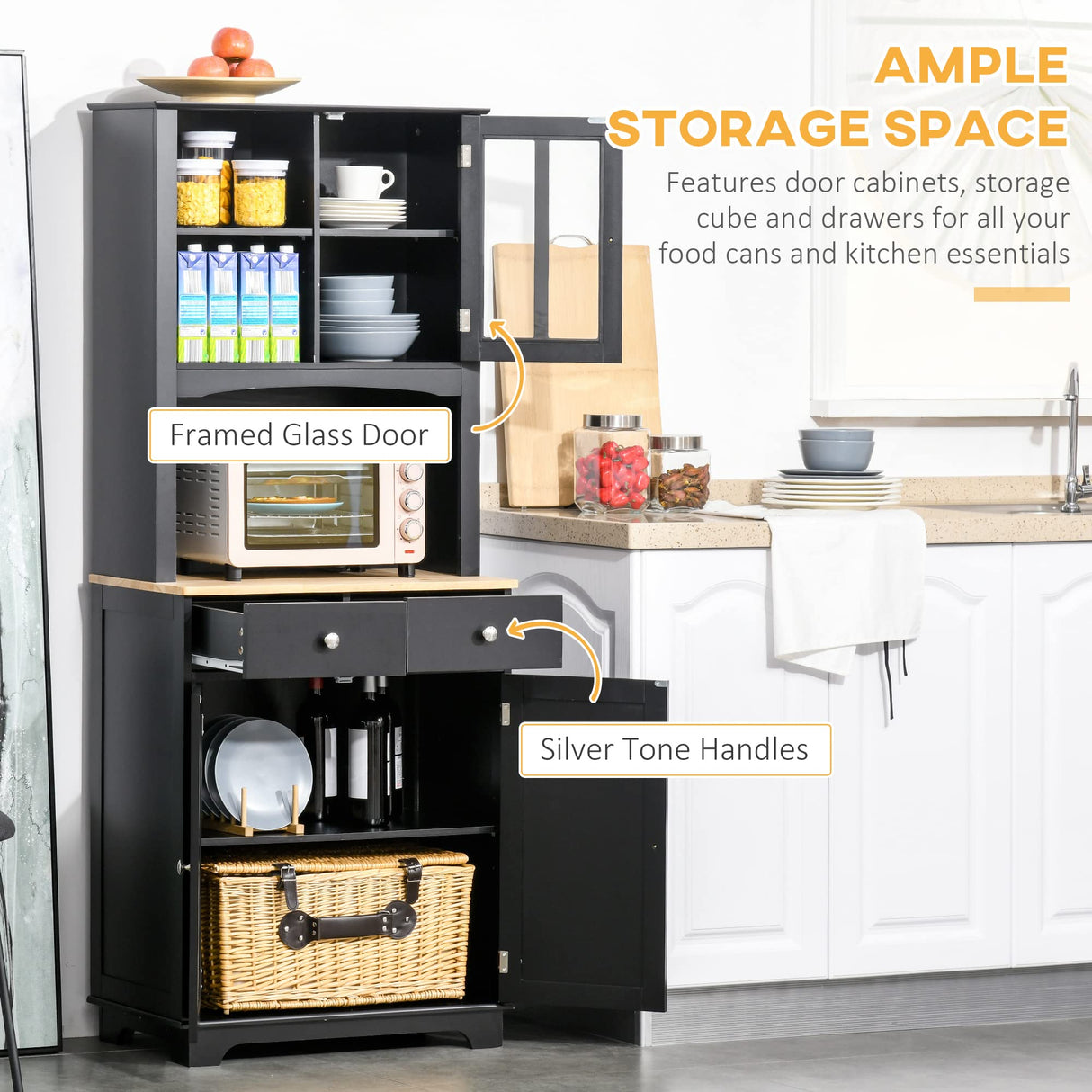 HOMCOM Freestanding 67" Kitchen Buffet with Hutch, Pantry Cabinet with Microwave Stand, Adjustable Shelf, 2 Drawers, Cupboard, Black HOMCOM