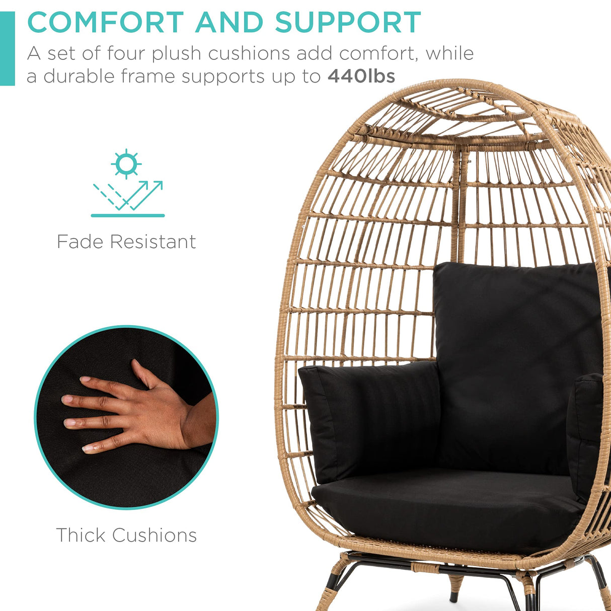 Best Choice Products Wicker Egg Chair, Oversized Indoor Outdoor Lounger for Patio, Backyard, Living Room w/ 4 Cushions, Steel Frame, 440lb Capacity - Black Best Choice Products