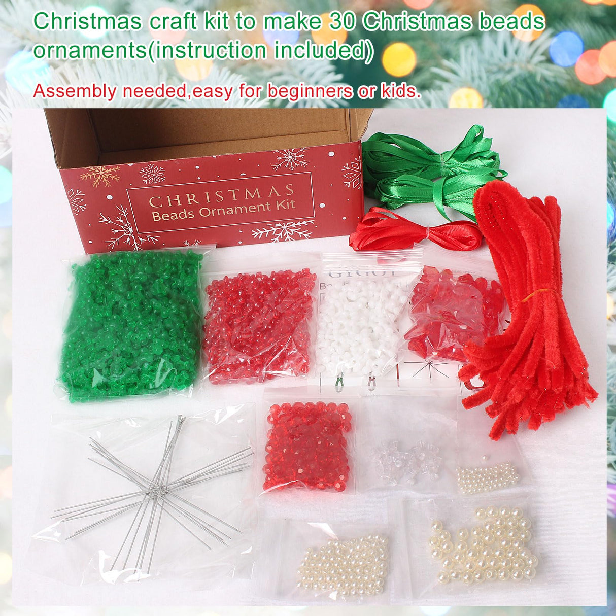 GYGOT Christmas Crafts for Kids Adults,30 Sets Christmas Beaded Ornament Kit to Make-Incl. 6 PC Snowflake/12 PC Wreath/12 PC Candy Cane(Assembly Needed) GYGOT