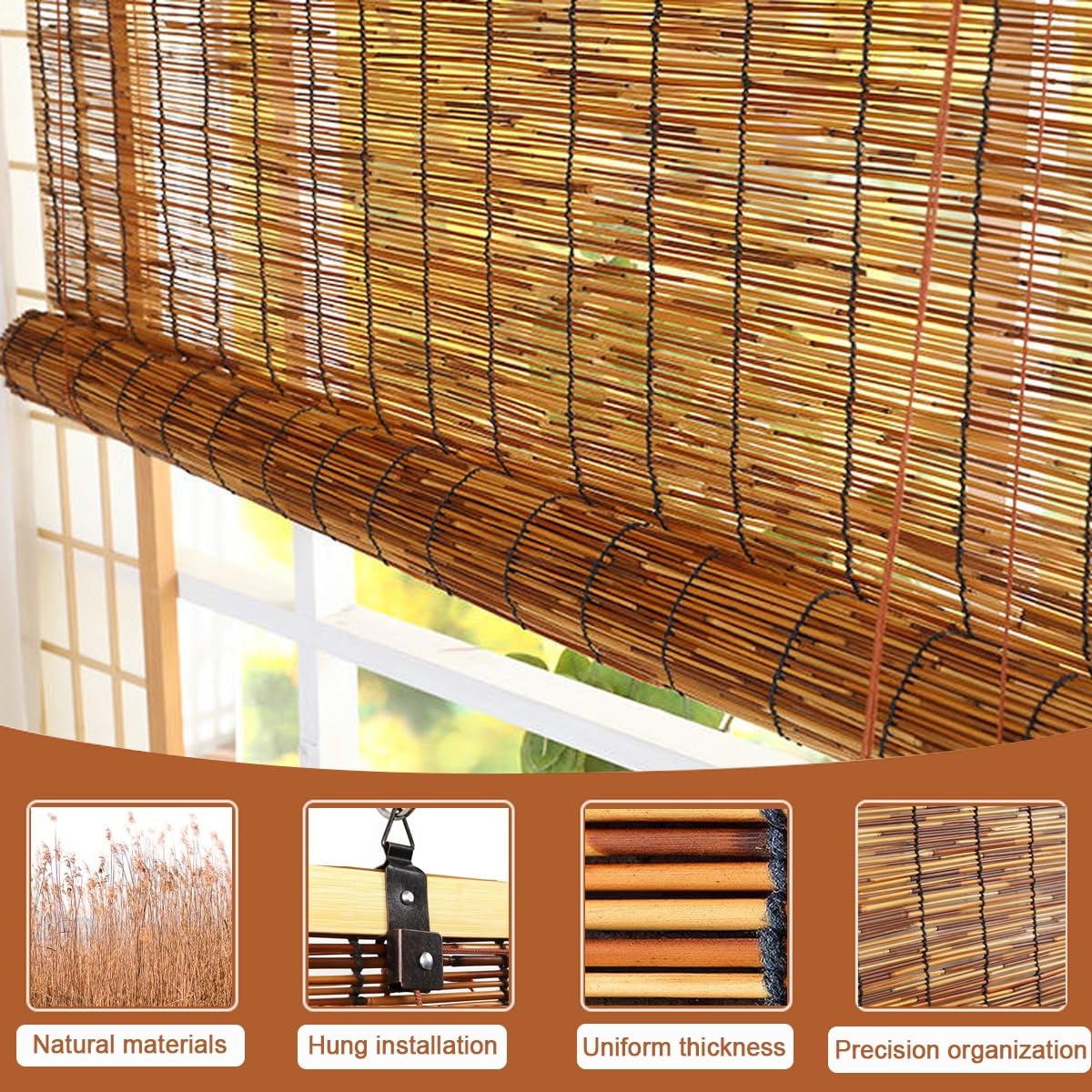 Cordless Bamboo Blackout Blinds for 20-75in Wide Windows Shades, 48-84in Length, Outdoor Bamboo Roller Blinds for Porch or Patio Sun Shades Privacy Protection Roll Up Shades(31x64in(WxH)) ZFSYMGYL