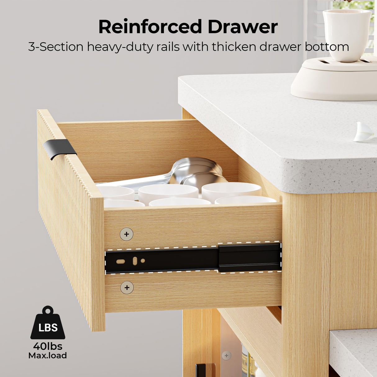 IRONCK 78.7" Kitchen Island with Extendable Dining Table & Storage for 2-6, with Motion-Sensor LED Tempered Glass Cabinet, Charging Station, Spice Racks, Quartz Laminate Top for Dining Room (Oak) IRONCK