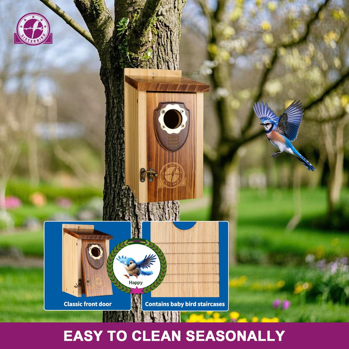 SISTERBIRD Bird Houses for Outside, Premium Wooden Bluebird Houses for Outside, Assembly Birdhouses for Outdoors, Weatherproof Bird House, Bluebird Finch Swallow Wren Chickadee