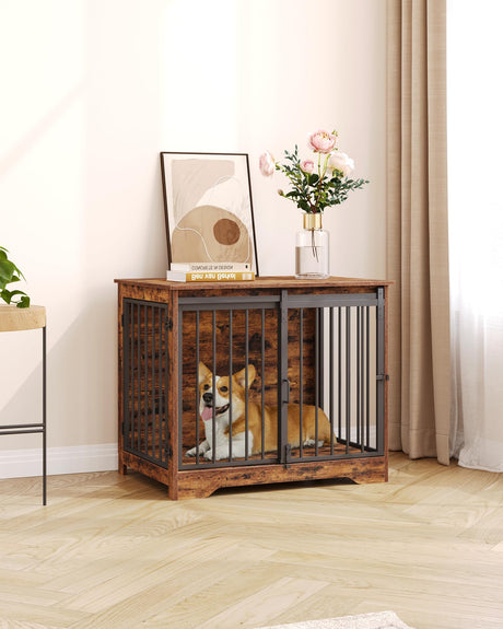 Hzuaneri Dog Crate Furniture, 32" Double Door Dog Crate with Barn Door, Dog Kennel Indoor, End Side Table Wooden Dog Crate for Small Medium Large Dog, Anti-Chew Anti-Escape, Rustic Brown DFC83601B Hzuaneri