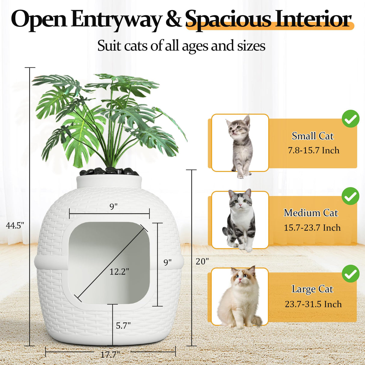 Hidden Box with Faux Plant, Large Cat Litter Box with Rattan Pattern, Heavy Duty PP Material Litter Box Enclosure Furniture for Home Decor, Light Grey keygarzone