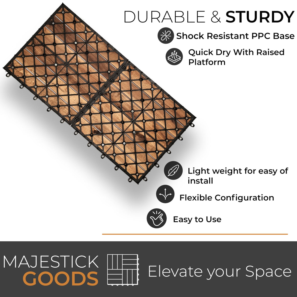 Interlocking Deck Tiles 24 x 12 Long Boards Snap Together Wood Flooring - Acacia Hardwood Outdoor Flooring for Patio - Floor Decking Tile, Waterproof Balcony Flooring 24 Sq Ft (2 Pack (12 Pieces)) Majestick Goods