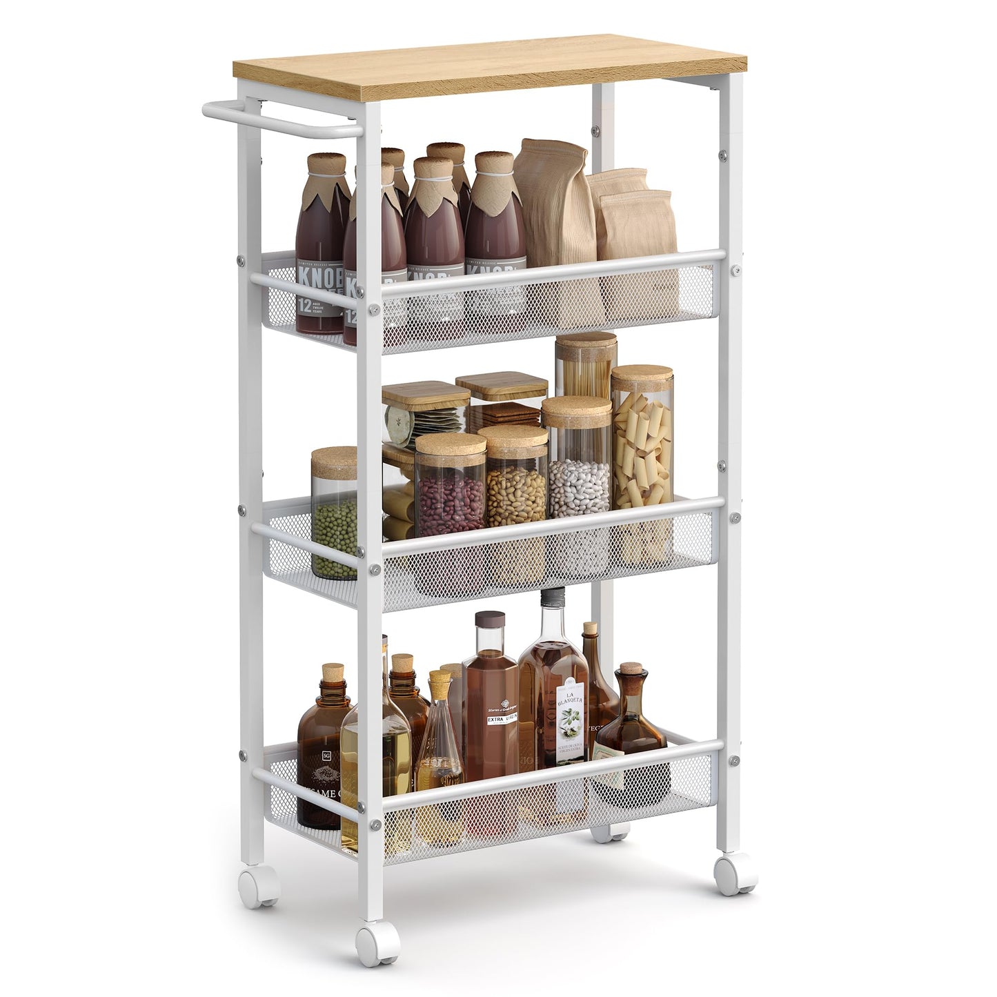 VASAGLE Slim Rolling Cart, 4-Tier Storage Cart, Narrow Cart with Handle, 8.7 Inches Deep, Metal Frame, for Kitchen, Dining Room, Living Room, Home Office, Oak Beige and Classic White ULRC033W09