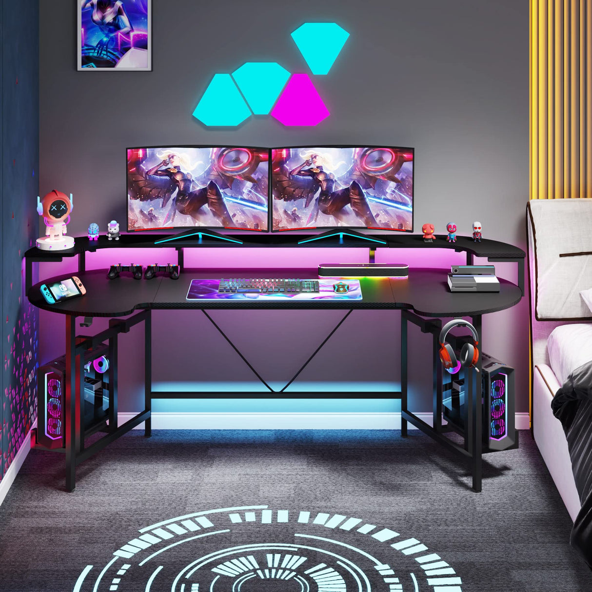 Tribesigns 75 Inch Gaming Desk with Monitor Shelf, Large PC Computer Desk with LED Lights, Gaming Table Gamer Desk for Bedroom, Home Office, Black Tribesigns