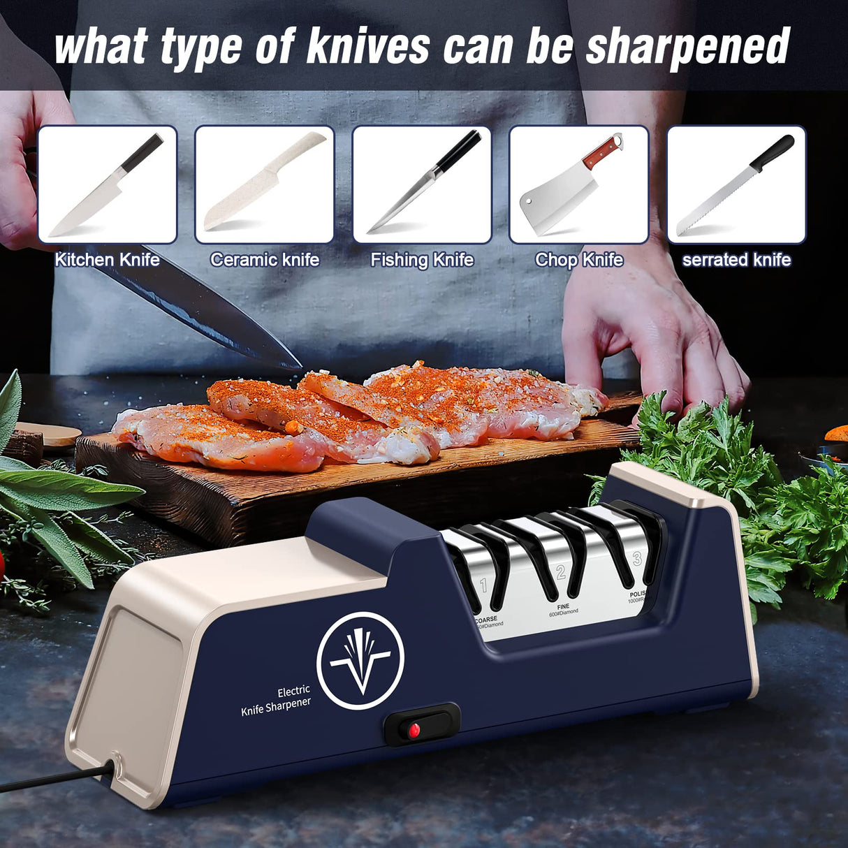 Homly Professional Electric Knife Sharpeners for Kitchen Knives with Diamond Abrasives and Precision Angle Guides, Multifunctional 3-Stage Slots, Applicable to Straight Knife and Ceramic Knife Homly