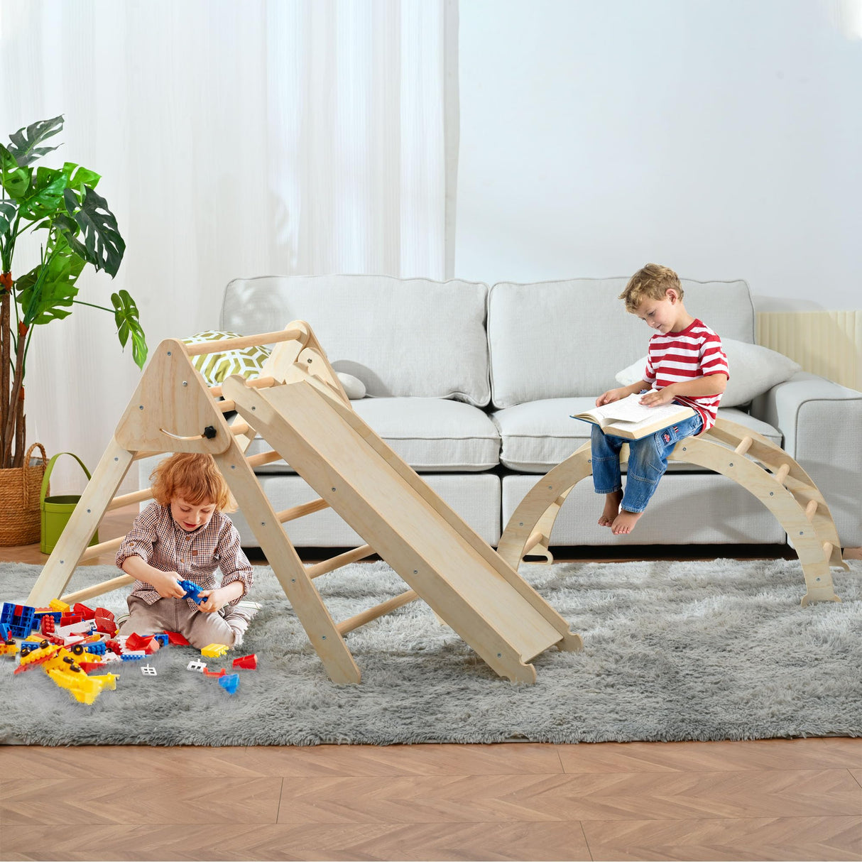 Pikler Triangle Set, Foldable Climbing Play Gym with Arch, Ramp, and Climbing Triangle, Wodden Toddler Climbing Toys Indoor, Montessori Learning Toy for Kids 2-12 Years OLLIKIVI