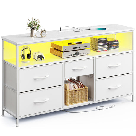 TV Stand Dresser with LED Lights & Power Outlets, Entertainment Center for 50" Inch TV, 5 Drawers TV Stand for Bedroom Dresser with Shelves for Living Room, Sturdy Metal Frame, White EnHomee