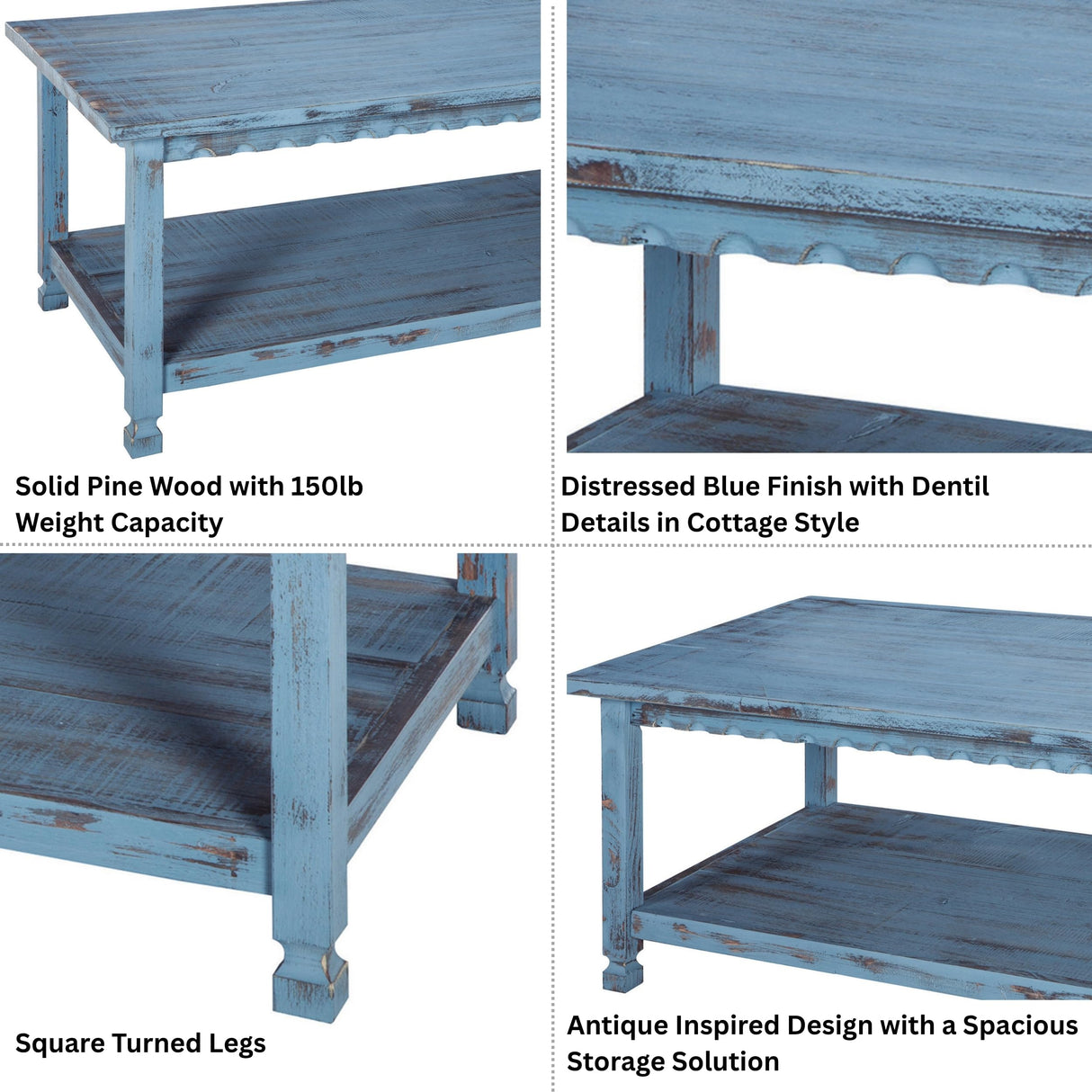 Rustic Rectangular Coffee Table, 42 in. W x 24 in. D x 18 in. H, Living Room Blue Antique, W/ (1) 36 in. W x 18 in. D x 10 in. H Shelf, Farmhouse/Cottage Style, Select Hardwood/Construction Alaterre Furniture