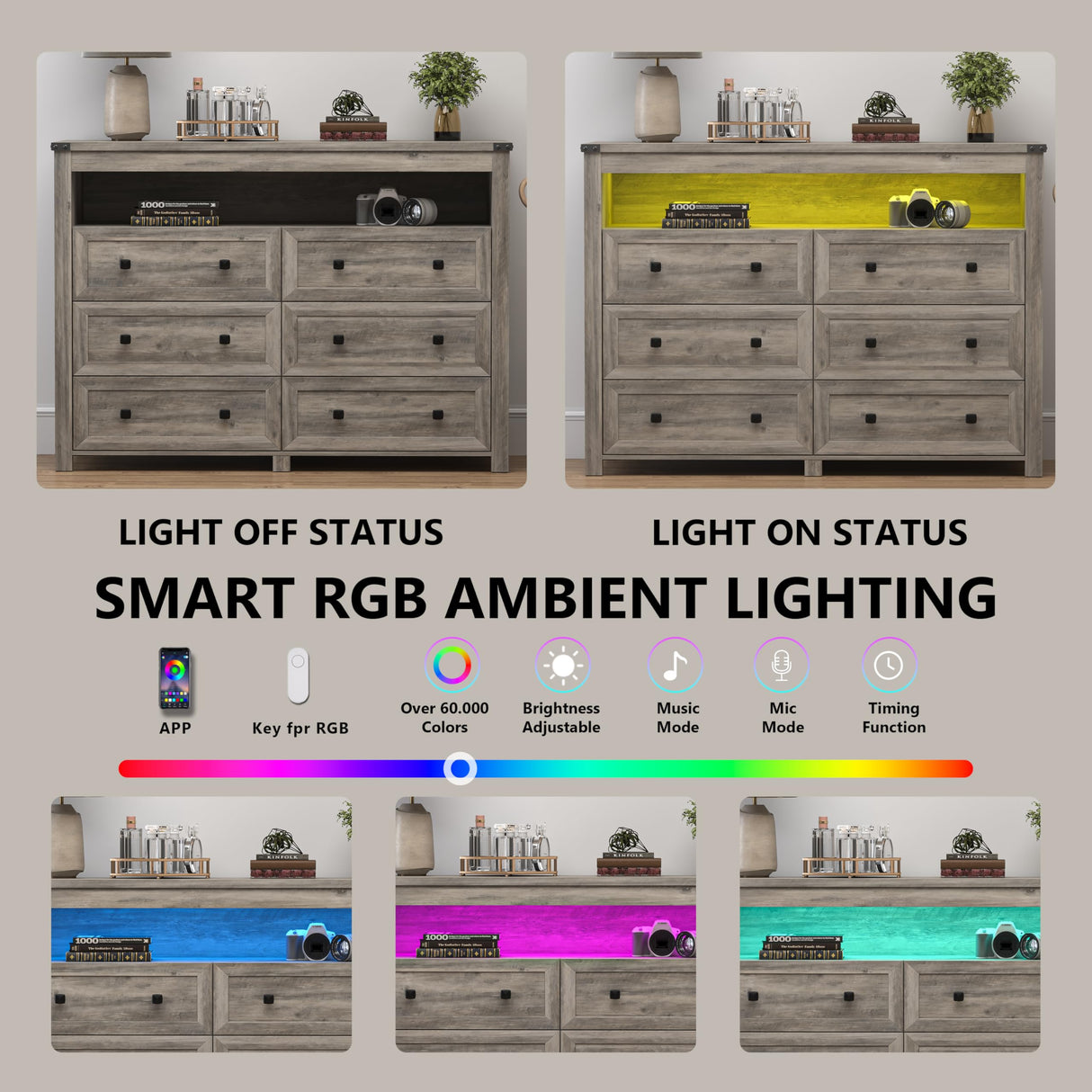 Dresser for Bedroom with 6 Drawers, Wide Chest of Drawers with LED Light and Power Outlet, Wooden Closet Organizer Clothes Storage Cabinet, Modern Double Dressers for Living Room, Hallway, Grey Xixini