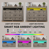 Dresser for Bedroom with 6 Drawers, Wide Chest of Drawers with LED Light and Power Outlet, Wooden Closet Organizer Clothes Storage Cabinet, Modern Double Dressers for Living Room, Hallway, Grey Xixini